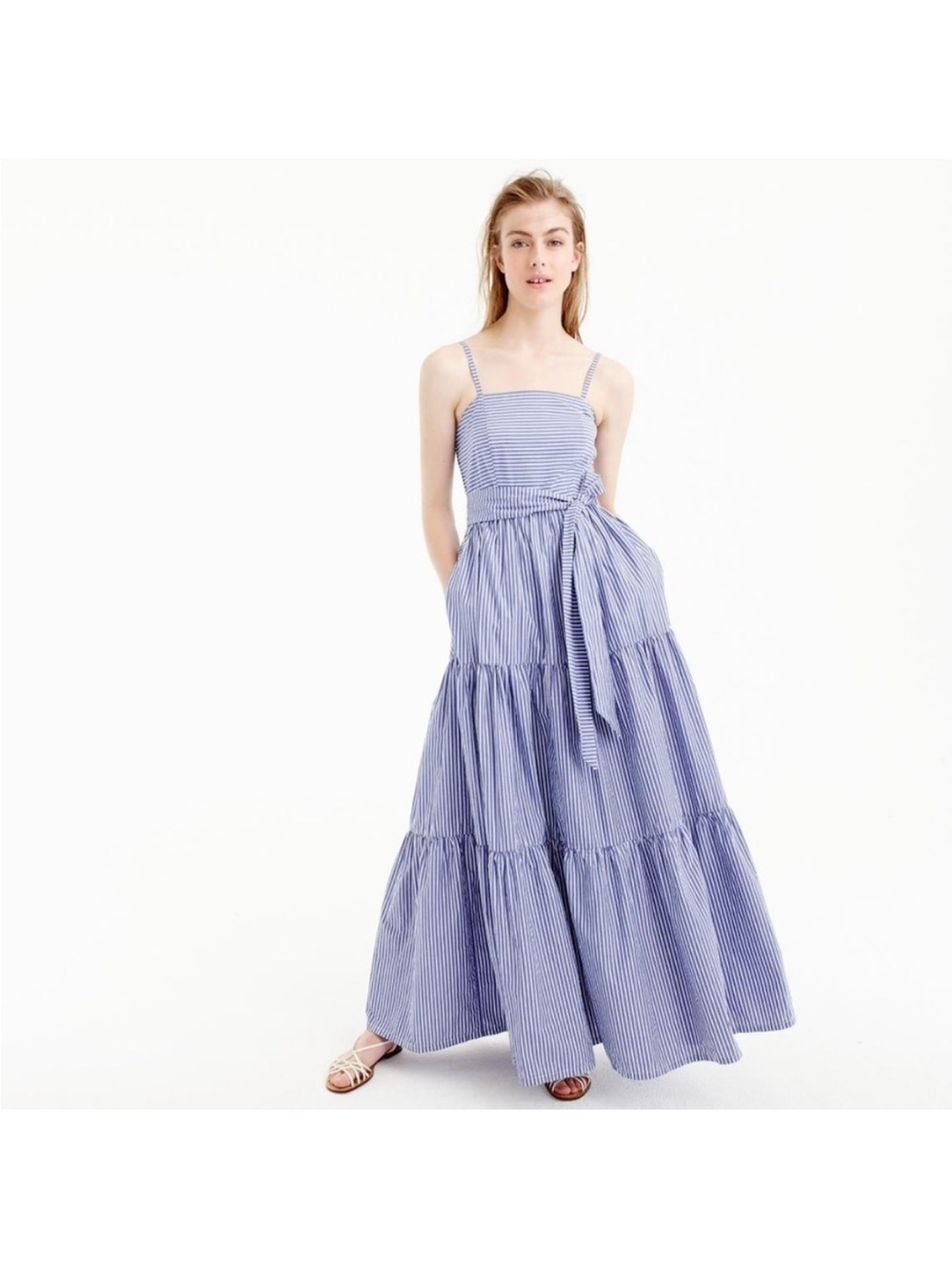 J. Crew Blue and White Striped Maxi Dress with Tie Waist